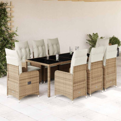9 Pcs conjunto de bistrô para jardim c/ almofadões vime PE bege