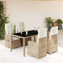 5 Pcs conjunto de bistrô para jardim c/ almofadões vime PE bege