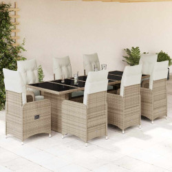 9 Pcs conjunto de bistrô para jardim c/ almofadões vime PE bege
