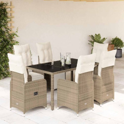 7 Pcs conjunto bistrô de jardim c/ almofadões vime PE castanho