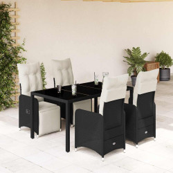 5 Pcs conjunto bistrô de jardim c/ almofadões vime PE preto