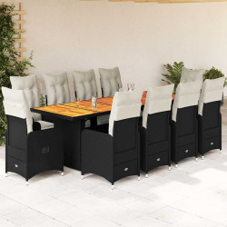 11 Pcs conjunto de bistrô p/ jardim c/ almofadões vime PE preto