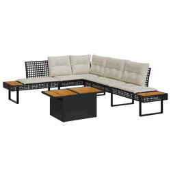 2 Pcs conj. sofás de jardim c/ almofadões vime PE/acácia preto