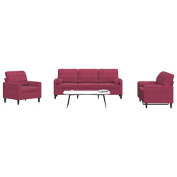 3Pcs conjunto sofás c/ almofadões e rolos veludo vermelho tinto
