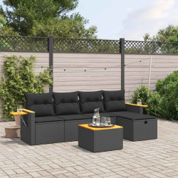 6 Pcs conjunto sofás de jardim c/ almofadões vime PE preto