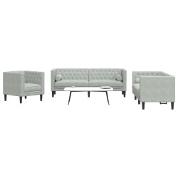 3 Pcs conj. de sofás chesterfield com rolos veludo cinza-claro