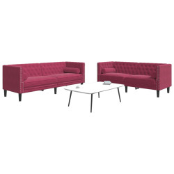 2 Pcs conj. sofás chesterfield com rolos veludo vermelho-tinto