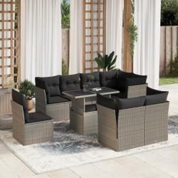 9 Pcs conj. sofás jardim com almofadões vime PE cinzento-claro