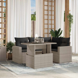 5 Pcs conj. sofás jardim c/ almofadões vime PE cinzento-claro
