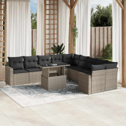 11 Pcs conjunto sofás de jardim c/ almofadões vime PE cinzento
