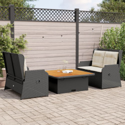 3 Pcs conjunto lounge de jardim c/ almofadões vime PE preto