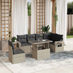 7 Pcs conj. sofás jardim com almofadões vime PE cinzento-claro