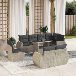 9 Pcs conj. sofás jardim com almofadões vime PE cinzento-claro