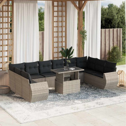 11 Pcs conjunto sofás de jardim c/ almofadões vime PE cinzento