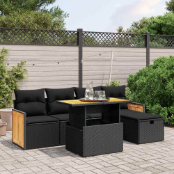 6 Pcs conjunto sofás de jardim c/ almofadões vime PE preto