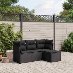 4 Pcs conjunto de sofás para jardim c/ almofadões vime PE preto