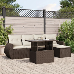 6 Pcs conjunto de sofás jardim c/ almofadões vime PE castanho