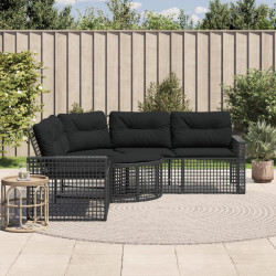 Sofá de jardim em l c/ almofadões e apoio de pés vime PE preto