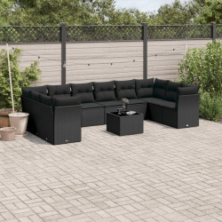 11 Pcs conjunto sofás de jardim c/ almofadões vime PE preto