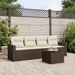 5 Pcs conjunto sofás p/ jardim c/ almofadões vime PE castanho