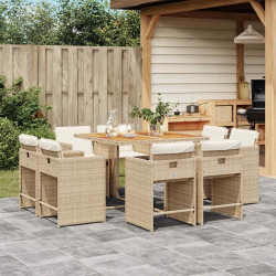 9 Pcs conjunto de jantar p/ jardim com almofadões vime PE bege