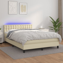 Cama box spring c/ colchão/LED 140x200cm couro artificial creme
