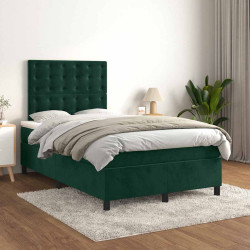 Cama boxspring com colchão 120x200 cm veludo verde-escuro
