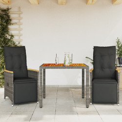 3 Pcs conjunto bistrô de jardim c/ almofadões vime PE cinza