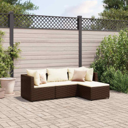 4 Pcs conjunto lounge jardim c/ almofadões vime PE castanho