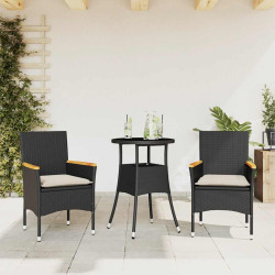 3 Pcs conjunto jantar jardim c/ almofadões vime PE/vidro preto