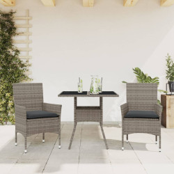 3 Pcs conjunto jantar jardim c/ almofadões vime PE/vidro cinza