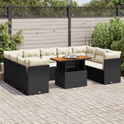10 Pcs conjunto sofás de jardim c/ almofadões vime PE preto