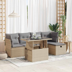 6 Pcs conjunto de sofás p/ jardim com almofadões vime PE bege