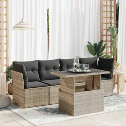 5 Pcs conj. sofás jardim c/ almofadões vime PE cinzento-claro