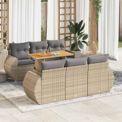 7 Pcs conjunto de sofás p/ jardim com almofadões vime PE bege