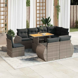 9 Pcs conjunto sofás p/ jardim com almofadões vime PE cinzento