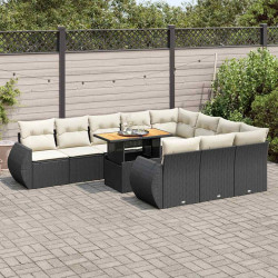 11 Pcs conjunto sofás de jardim c/ almofadões vime PE preto