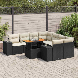 9 Pcs conjunto de sofás p/ jardim c/ almofadões vime PE preto