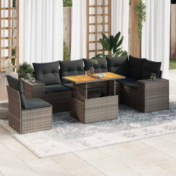 7 Pcs conjunto sofás p/ jardim c/ almofadões vime PE cinzento