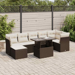 8 Pcs conjunto sofás de jardim c/ almofadões vime PE castanho