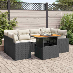 7 Pcs conjunto de sofás p/ jardim c/ almofadões vime PE preto