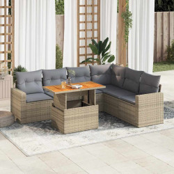 7 Pcs conjunto de sofás p/ jardim com almofadões vime PE bege