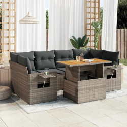 7 Pcs conjunto sofás p/ jardim c/ almofadões vime PE cinzento