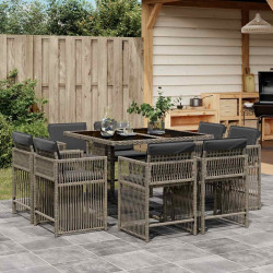 9 Pcs conjunto de jantar p/ jardim c/ almofadões vime PE cinza