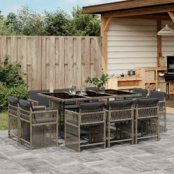 11 Pcs conjunto jantar p/ jardim c/ almofadões vime PE cinzento