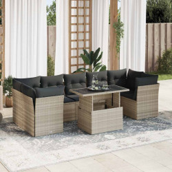 8 Pcs conj. sofás jardim c/ almofadões vime PE cinzento-claro