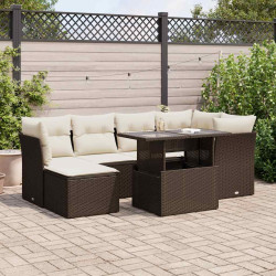 7 Pcs conjunto de sofás jardim c/ almofadões vime PE castanho