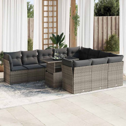 11 Pcs conjunto sofás de jardim c/ almofadões vime PE cinzento