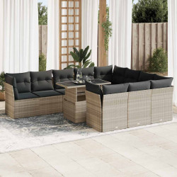 11 Pcs conjunto sofás de jardim c/ almofadões vime PE cinzento