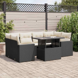 7 Pcs conjunto de sofás p/ jardim c/ almofadões vime PE preto